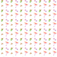Seamless watercolor pattern with cartoon acorns, mushrooms and berries on white background