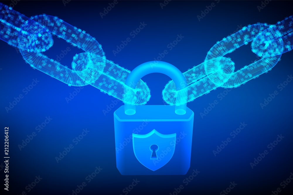 Poster block chain. lock. cyber security, safe, privacy or other concept. 3d wireframe chain with digital b