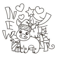 Happy New 2019 Year card with cartoon baby pig. Small symbol of holiday.