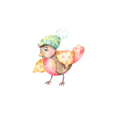 Isolated watercolor autumn/winter/Christmas/New Year illustration of a small cartoon style bird in a hat with pompom on a white background 
