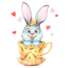 Watercolor illustration with a blue and grey cute little bunny in a yellow carrot patterned tea cup with hearts on a white background