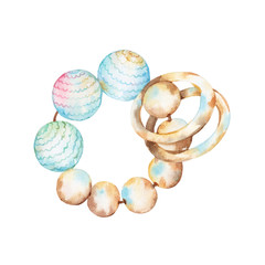 Watercolor illustration of a traditional baby teething toy with blue stained patterned and wooden beads and wooden rings