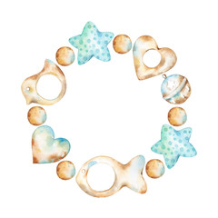Watercolor illustration of a baby themed vintage style wreath combined from infant toys such as wooden bird, heart, fish and bead as well as blue dotted stars and rusty bell