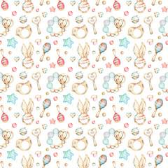 Fototapeta na wymiar Baby themed gentle colorful seamless watercolor pattern with rattles, teethers, stars, bells and wooden beads on white background