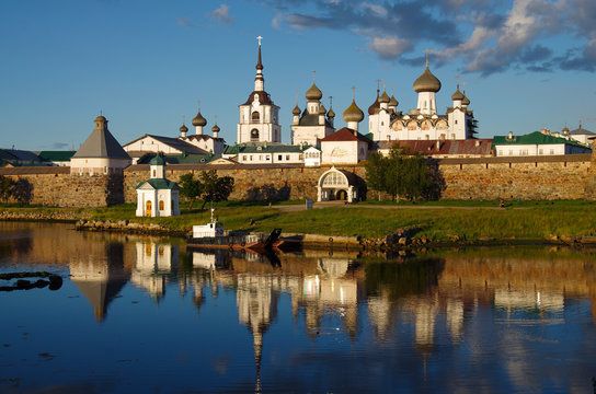 SOLOVKI, REPUBLIC OF KARELIA, RUSSIA - August, 2017: Evening view on Solovetsky monastery from the White sea