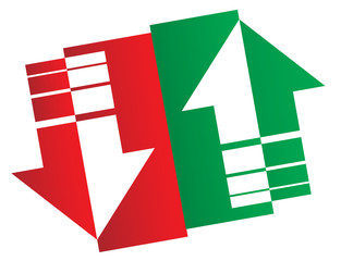 Stock market logo. Simple up and down arrows. Upward, downward arrows in green and red isolated on white background. Flat style eps 10 vector illustration.