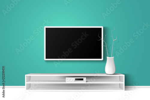 Vector 3d Illustration Of Led Tv Stand On A Wooden Table