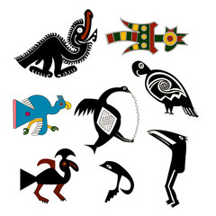 Cock, parrot, vulture, goose - set of birds.  Ethnic patterns of Native Americans: the Aztec, Inca, Maya, Alaska Indians (Mexico, Ecuador, Peru). Drawing in the Mexican style.
