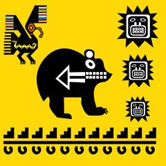 Bear, eagle and sun. Ethnic patterns of Native Americans: the Aztec, Inca, Maya, Alaska Indians (Mexico, Ecuador, Peru). Drawing in the Mexican style. Vector illustration.