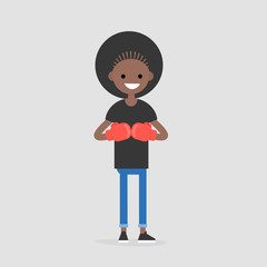 Young character wearing the red boxer gloves. Defence concept. Flat editable vector illustration, clip art