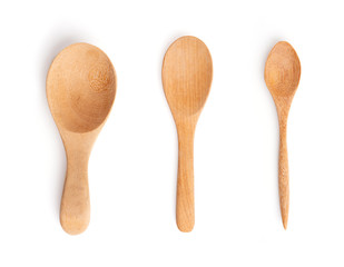 Kitchenware set of wooden spoon and fork on white background
