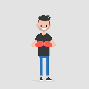 recommend clip art: Young character wearing the red boxer gloves. Defence concept. Flat editable vector illustration, clip art