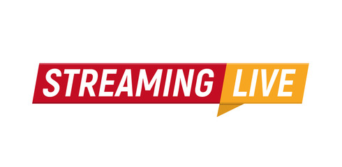 Streaming live logo, online video stream icon, digital internet TV banner design, broadcast button, play media content button, vector illustration on white background.
