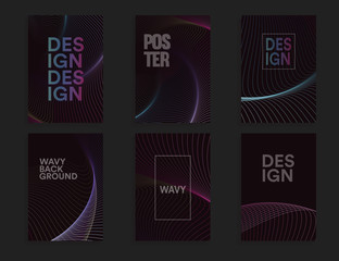 Abstract brochure cover design template set with wavy design on dark background, color wave vector illustration.
