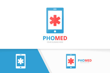 Vector ambulance and phone logo combination. Medic and mobile symbol or icon. Unique emergency and device logotype design template.