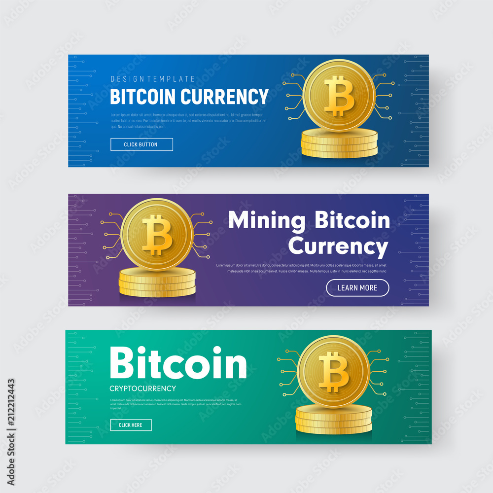 Poster set of horizontal vector web banners with a stack of gold coins of crypto currency bitcoin with a ch