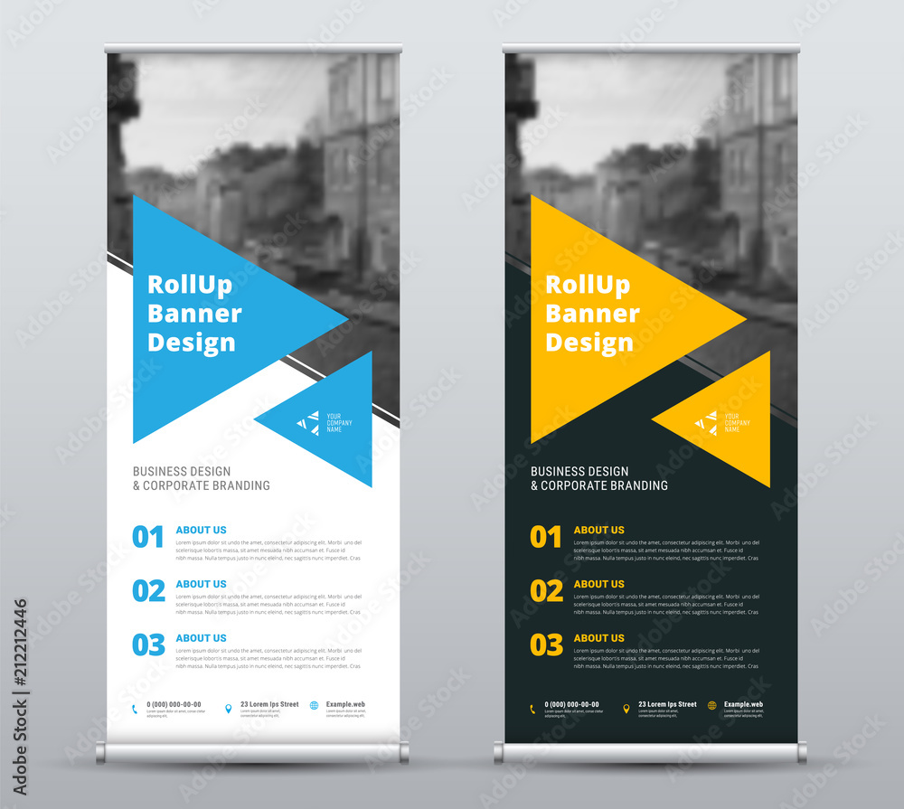 Poster templates of vector white and black roll-up banners with a place for a photo.