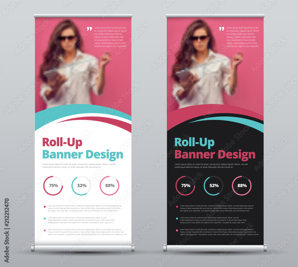 Poster vector design of roll-up banner with blue and pink elements and place for photo