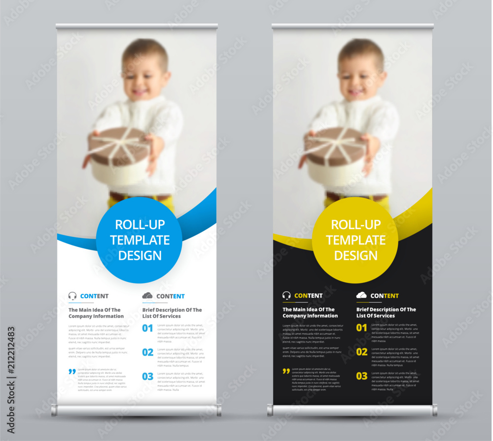 Poster Template of a vector roll-up banner with colored round elements and a place for a photo.