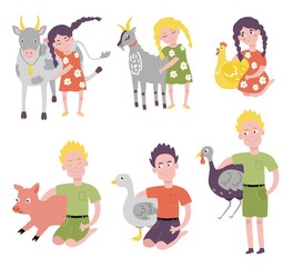 Flat teen girls, boys hugging domestic birds , pets sitting at knees, standing together. Female, male kid character emracing adorable funny animals chickens, cow piglet and goose. Vector illustration
