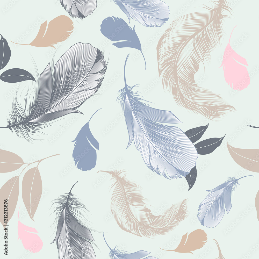 Aufkleber feather vector pattern with hand drawn feahters and leves for design