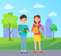 Boy and Girl with Books, Happy Students, Buildings