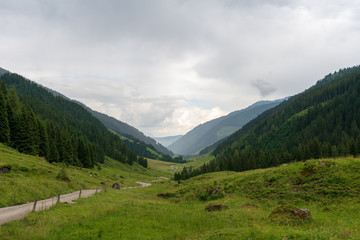 Fototapeta na wymiar Schotterweg der durch ein weites hügeliges Tal mit Wälder und Wiesen führt