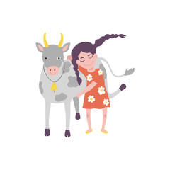 Flat teen girl hugging cow domestic pet standing together. Female kid character emracing adorable funny animal. Vector isolated illustration