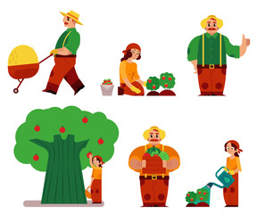 Flat farmer men, women in professional uniform - rubber boots, overalls set. Agricultural occupation male, female workers, rural agrarian. Vector isolated character illustration