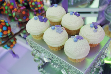 Set of cupcakes around a wedding table. A cupcake is a small cake designed to serve one person and uses ingredients as butter, sugar, eggs, and flour, as well as raisins, nuts, or chocolate chips.