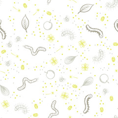 Abstract seamless pattern with insects, caterpillars, spiders, leaves, flowers. Vector template