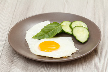 Plate with fried egg, fresh cut cucumber and leaf of basil