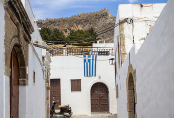 Narrow street in Lindos, Rhodes Island, Greece