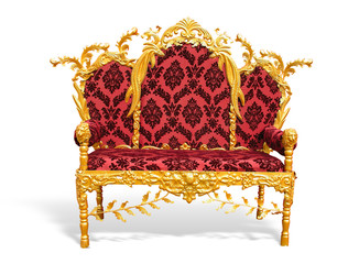 Old red golden king throne isolated over white background.