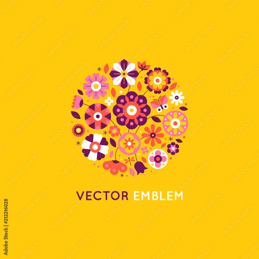 Poster vector illustration in simple flat geometric and linear style in bright colors - decorative flowers 