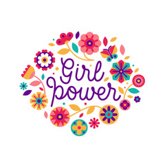 Vector illustration in simple style with hand-lettering phrase girl power  and flowers