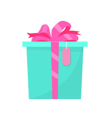 Present Green Box Decorated Big Pink Bow and Tag