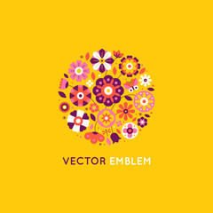 Vector illustration in simple flat geometric and linear style in bright colors - decorative flowers and leaves in circle shape