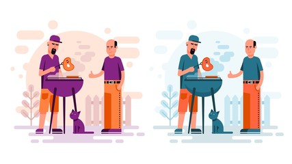 Two men cooking barbeque steaks in the yard. Flat cartoon style BBQ.