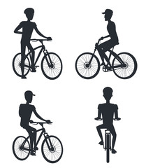 Set of People Riding on Bike Monochrome Silhouette