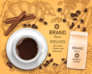 Vector 3d realistic coffee cup and paper package, beans isolated on vintage hand drawn background with grinder, croissant. Advertising, promo of organic product. Classic arabica black drink concept