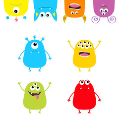 Colorful monster silhouette set. Hanging Upside down head face. Cute cartoon scary character. Baby collection. Eyes, tongue, hands up. White background. Isolated. Happy Halloween . Flat design.