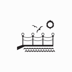 Sea pier with seagulls and sun vector icon. Summer travel logo silhouette vector illustration. Wooden pierlogo for travel agency