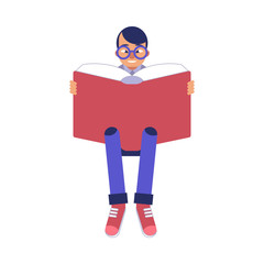 Young man in eyeglasses studying with reading book isolated on white background - flat male character sitting with open big book with red cover for back to school concept in vector illustration.