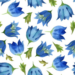 Fototapeta na wymiar Watercolor seamless pattern of blue flower with green leaves on white background