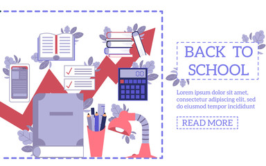 Back to school concept with education supplies and tools on web page template in flat style. Isolated vector illustration of chancery items and accessories for studying process.