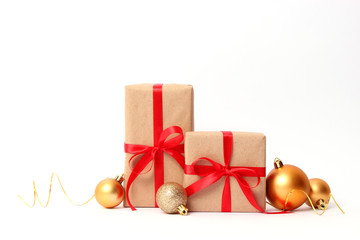 gifts and new year decor isolated on white background. Christmas balls, ribbons, celebration, giving, new year, christmas.