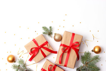 gifts and new year decor on a white background top view. A holiday, a gift, a Christmas, a new year. flatlay