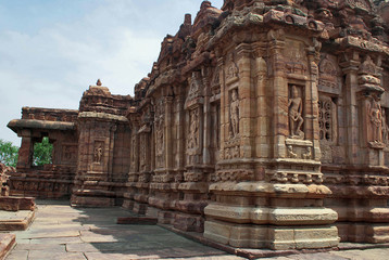 Exterior view of the northern walls. The Devakoshthas, Virupaksha temple, Pattadakal temple complex, Pattadakal, Karnataka. Northwest view. Northern mukha-mandapa is also seen.