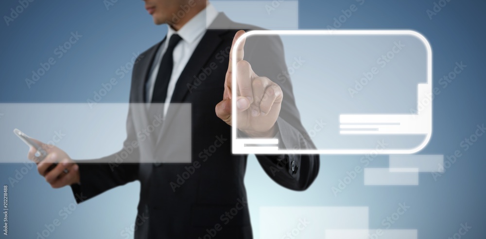 Poster mid section of businessman using phone while touching invisible